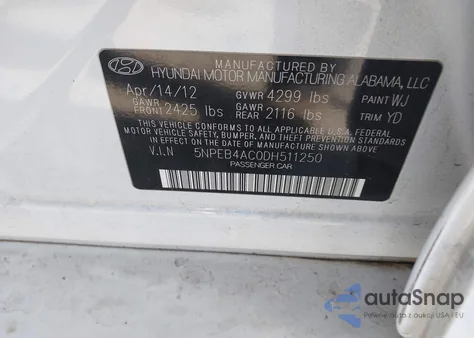 2013 Hyundai Sonata Gls z USA, uszkodzony, nr VIN 5NPEB4AC0DH511250
